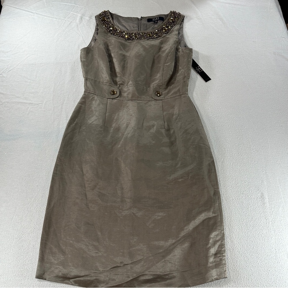 Alex Marie Petite Sz 2P Green Khaki Dress Silk Blend Jewel Shift Sleeveless